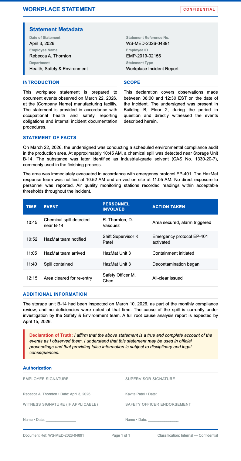 Medical report workplace statement
